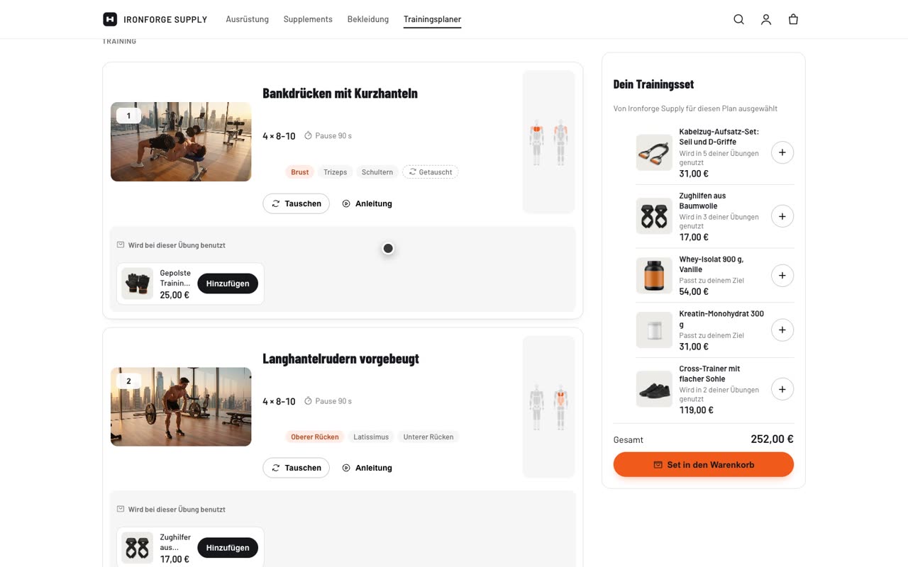Trainings-Kit mit passenden Produkten und Warenkorb-Button