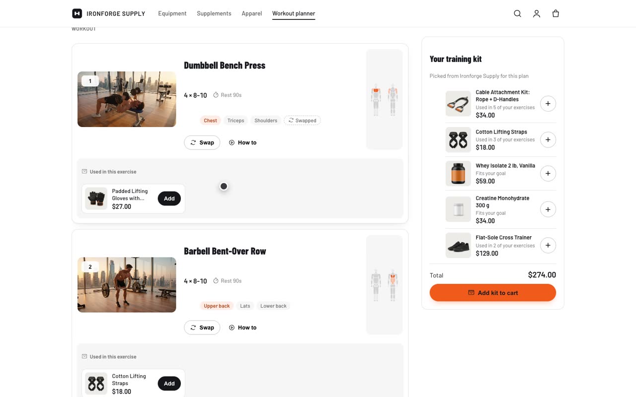 Training kit with matched products and add-to-cart