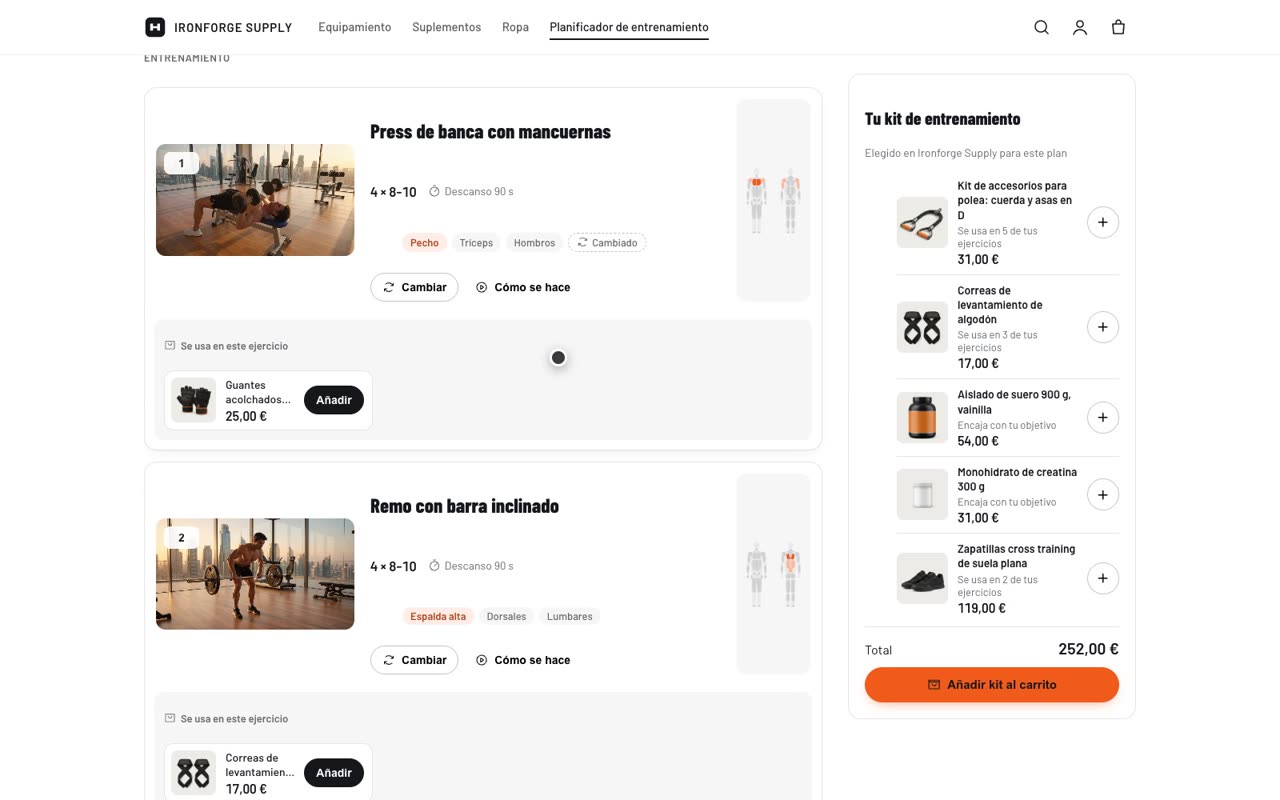 Kit de entrenamiento con productos a juego y botón de añadir al carrito