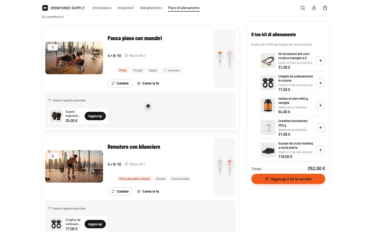 Kit di allenamento con prodotti abbinati e aggiunta al carrello